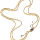 Two strand pearl necklace with old mine diamond, synthetic ruby, yellow gold and platinum clasp, mm 3.10 circa pearls, diamonds in all ct. 0.15 circa, g 13.10 circa, length cm 43.7 circa. - photo 1