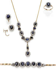 Oval sapphire, colourless stone, yellow 9K gold, silver and metal jewellery set comprising cm 50.50 circa necklace with centerpiece, cm 18.00 circa bracelet, cm 1.60 circa earrings and size 13/53 ring, sapphires in all ct. 12.60 circa, in all g 23.69
