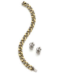 Diamond and bi-coloured gold lot comprising cm 18.00 circa groumette mesh bracelet and similar cm 1.70 circa earrings, in all g 54.57 circa.