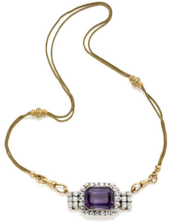 Two strand bi-coloured gold watch chain with octagonal ct. 11.50 circa amethyst, old mine diamond, gold and silver centerpiece, diamonds in all ct. 1.50 circa, cm 3.80 circa centerpiece, in all cm 36.20 circa necklace, g 19.37 circa. French assay mar - photo 1