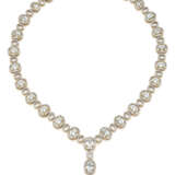 Aquamarine, diamond and bi-coloured gold necklace with pendant, diamonds in all ct. 6.50 circa, aquamarines in all ct. 14.00 circa, g 43.89 circa, length cm 40.50 circa. - photo 2