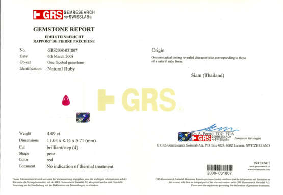 Pear shaped ct. 4.09 ruby. | | Appended gemmological report GRS n. GRS2008-031807 6/03/2008, Lucerna - Foto 3