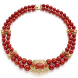 Two strand red coral bead graduated necklace with diamond and yellow gold spacers, centerpiece and clasp, diamonds in all ct. 2.80 circa, mm 7.90 to mm 12.83 circa beads, g 144.98 circa, length cm 44.50 circa. French import mark. (slight defects) | T - photo 1