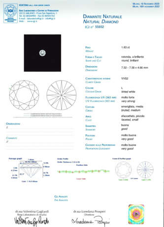 Round ct. 1.63 diamond. | | Appended diamond report IGI n. 55932 16/11/2023, Milano - Foto 3