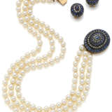 Sapphire, rose cut diamond, gold and silver jewellery set comprising cm 41.50 circa three strand pearl necklace and cm 2.10 circa oval shaped earrings, sapphires in all ct. 1.60 circa, in all g 119.06 circa. - photo 1