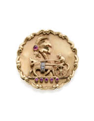 Rose cut diamond, ruby, yellow gold and silver carriage and palm tree round shaped brooch, g 15.46 circa, diam. cm 4.1 circa. (defects and losses)