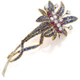 Diamond, sapphire, ruby and bi-coloured gold flower shaped brooch, diamonds in all ct. 3.30 circa, g 27.41 circa, length cm 9.8 circa. - photo 1