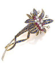 Diamond, sapphire, ruby and bi-coloured gold flower shaped brooch, diamonds in all ct. 3.30 circa, g 27.41 circa, length cm 9.8 circa.