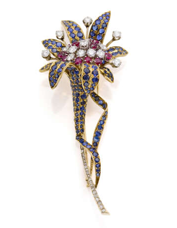 Diamond, sapphire, ruby and bi-coloured gold flower shaped brooch, diamonds in all ct. 3.30 circa, g 27.41 circa, length cm 9.8 circa. - фото 4