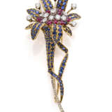 Diamond, sapphire, ruby and bi-coloured gold flower shaped brooch, diamonds in all ct. 3.30 circa, g 27.41 circa, length cm 9.8 circa. - photo 4