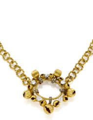 Yellow hammered gold chain holding an oval centerpiece accented with diamonds and hollow grooved beads, diamonds in all ct. 1.70 circa, g 69.85 circa, length cm 44 circa. (slight defects)