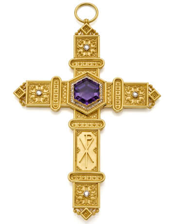 Hexagonal ct. 20.00 circa amethyst and rose cut diamond yellow gold cross, on the back a small compartment for relics, g 71.48 circa, length cm 15.20 circa. - Foto 1