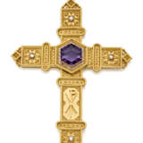 Hexagonal ct. 20.00 circa amethyst and rose cut diamond yellow gold cross, on the back a small compartment for relics, g 71.48 circa, length cm 15.20 circa. - Foto 2