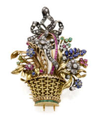 Diamond, ruby, sapphire, yellow gold and silver flower vase shaped brooch accented with other partly synthetic gems, g 57.21 circa, length cm 7.50 circa. With case (slight defects)