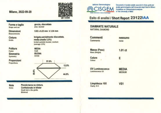 Pear shaped ct. 1.01 diamond. | | Appended short report CISGEM n. 23122IAA 20/09/2022, Milano - photo 3