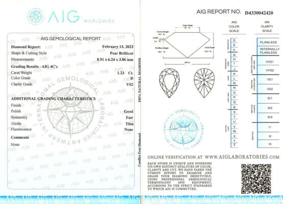 Pear shaped ct. 1.23 diamond. | | Appended gemmological report AIG n. D4330042420 13/02/2023, Milano - фото 3