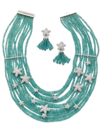 Aquamarine bead, diamond and white gold jewellery set comprising cm 42.50 circa multi-strand necklace with spacers together with cm 5.30 circa tassel pendant earrings, diamonds in all ct. 6.10 circa, in all g 244.37 circa. (slight defects) - фото 1