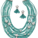 Aquamarine bead, diamond and white gold jewellery set comprising cm 42.50 circa multi-strand necklace with spacers together with cm 5.30 circa tassel pendant earrings, diamonds in all ct. 6.10 circa, in all g 244.37 circa. (slight defects) - фото 1