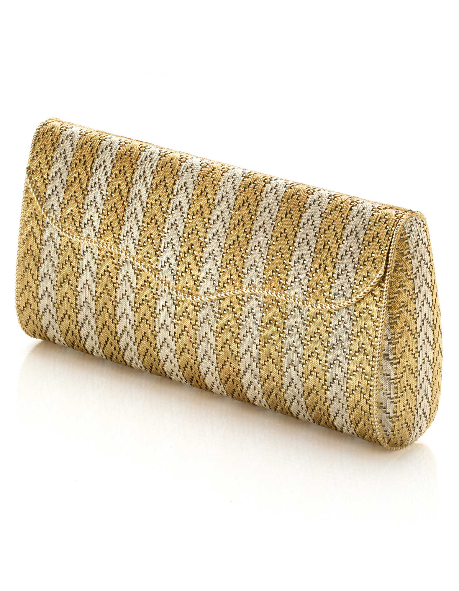Bi-coloured chiseled gold clutch evening bag with inside mirror, gross g 425.01 circa, length cm 18.7, width cm 8.9 circa. Marked 866 AL. (slight defect to the mirror)