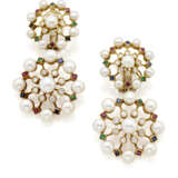 CHANTECLER CAPRI | Diamond, sapphire, ruby, emerald and button shaped pearl yellow gold earrings with removable pendants, diamonds in all ct. 1.60 circa, g 36.97 circa, length cm 5.9 circa. Signed Chantecler Capri. - photo 1