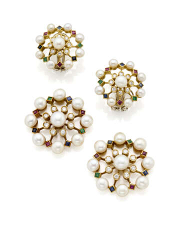 CHANTECLER CAPRI | Diamond, sapphire, ruby, emerald and button shaped pearl yellow gold earrings with removable pendants, diamonds in all ct. 1.60 circa, g 36.97 circa, length cm 5.9 circa. Signed Chantecler Capri. - фото 3