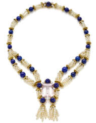 Pearl, diamond and lapis lazuli jewellery set comprising cm 50.00 circa necklace and octagonal ct. 60.00 circa morganite brooch/centerpiece, diamonds in all ct. 2.00 circa, in all g 184.15 circa, length cm 8.50 circa. (slight defects)