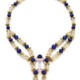 Pearl, diamond and lapis lazuli jewellery set comprising cm 50.00 circa necklace and octagonal ct. 60.00 circa morganite brooch/centerpiece, diamonds in all ct. 2.00 circa, in all g 184.15 circa, length cm 8.50 circa. (slight defects) - Foto 1