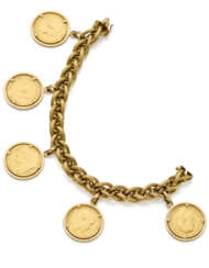 Yellow gold striped link bracelet holding five coin charms, g 72.66 circa, length cm 19.0 circa. Marked 14 MI.