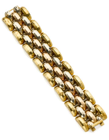 REPOSSI | Three colour gold "tank" bracelet, g 98.18 circa, length cm 20, h cm 3.50 circa. Marked 173 AL. (slight defects) - photo 1