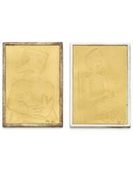 MIGNECO - BAJ | Two yellow 24K gold and silver plates depicting "Donna seduta" and "Caporale", in all g 130.19 circa, length cm 6.40 circa. Signed and marked Migneco 284 MI, Baj 284 MI. In original case