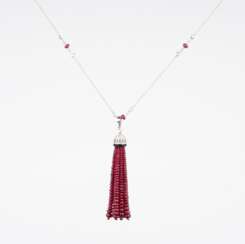 A Ruby Diamond Tassel Pendant on long Necklace in Art-déco Style.
