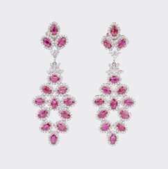 A Pair of highcarat Ruby Diamond Earchandeliers.