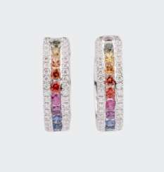 A Pair of Rainbow Earrings with colourful Sapphires and Diamonds.