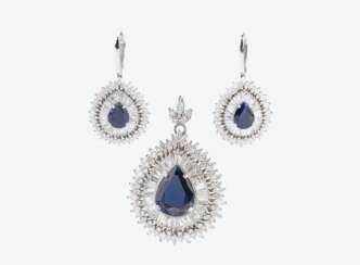 A Sapphire Diamond Jewellery Set: A Pair of Earpendants and a Pendant.