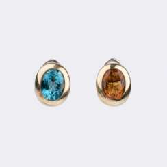 A Pair of two-coloured Precious Stones Earrings with Blue Topaz and Citrine.