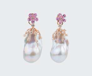 A Pair of Pearl Pink-Sapphire Diamond Earpendants.