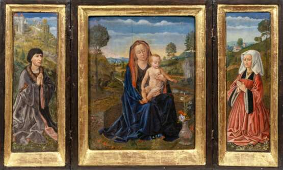 Gerard David (Oudewater 1460 - Brügge 1523), Umkreis. Hausaltar mit Maria, zwei Heiligen und Stiftern. - Foto 1