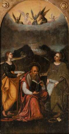 Bartolomeo Ramenghi (Bagnacavallo 1484 - Bologna 1542), Umkreis. Die Heiligen Lucia, Hieronymus und Cäcilie unter einem Konzert von Engeln. - Foto 1