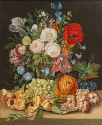P. M. Hinrichs active 2nd half 19th cent. Still Life with Flowers and Fruits.