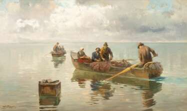 Joseph Wopfner (Schwaz/Tirol 1843 - München 1927). Fishermen on Lake Chiemsee.