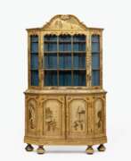 Furniture. A Rare Cabinet with chinoiserie lacquer painting on a yellow coloured background.