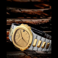 PATEK PHILIPPE. A STAINLESS STEEL AND 18K GOLD AUTOMATIC WRISTWATCH WITH SWEEP CENTRE SECONDS, DATE AND BRACELET