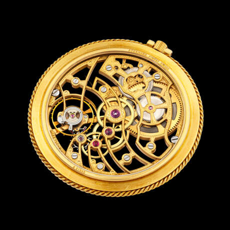 AUDEMARS PIGUET. AN ATTRACTIVE AND RARE 18K GOLD SKELETONISED POCKET WATCH - Foto 2