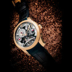 GREUBEL FORSEY. A RARE 18K PINK GOLD SEMI-SKELETONISED 30&#176; INCLINED DOUBLE TOURBILLON WRISTWATCH WITH 120 HOUR POWER RESERVE