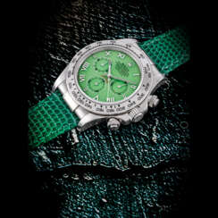 ROLEX. AN ATTRACTIVE 18K WHITE GOLD AUTOMATIC CHRONOGRAPH WRISTWATCH WITH GREEN CHRYSOPRASE DIAL