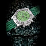 ROLEX. AN ATTRACTIVE 18K WHITE GOLD AUTOMATIC CHRONOGRAPH WRISTWATCH WITH GREEN CHRYSOPRASE DIAL - photo 1