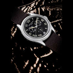 PATEK PHILIPPE. A PLATINUM AUTOMATIC ANNUAL CALENDAR WRISTWATCH WITH SWEEP CENTRE SECONDS AND 24 HOUR INDICATION