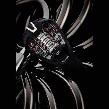 HUBLOT. AN IMPRESSIVE AND RARE BLACK PVD-COATED TITANIUM LIMITED EDITION SKELETONISED VERTICAL TOURBILLON WRISTWATCH WITH 50-DAY POWER RESERVE INDICATOR - photo 1