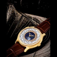 PATEK PHILIPPE. A LADY’S 18K PINK GOLD AND DIAMOND-SET LIMITED EDITION AUTOMATIC WORLD TIME WRISTWATCH WITH MOON PHASES, MADE TO COMMEMORATE THE 175TH ANNIVERSARY OF PATEK PHILIPPE