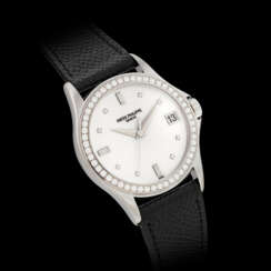 PATEK PHILIPPE. AN 18K WHITE GOLD AND DIAMOND-SET AUTOMATIC WRISTWATCH WITH SWEEP CENTRE SECONDS AND DATE